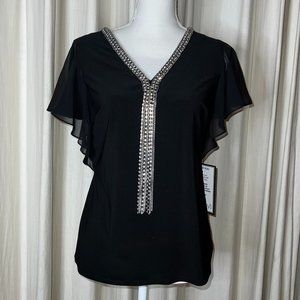 Pretty black and rhinestone flutter-sleeve blouse. Size PM, NWT
